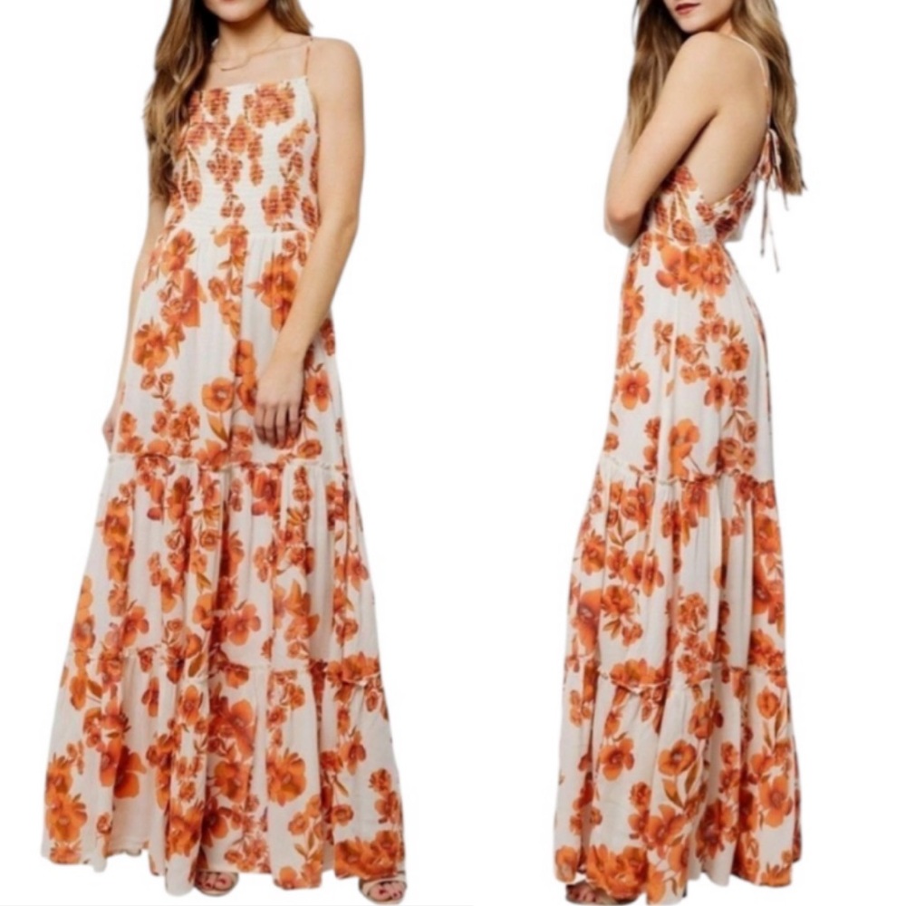 Free People Garden Party Ivory Orange Floral Print Tie Tiered Maxi Dress - S